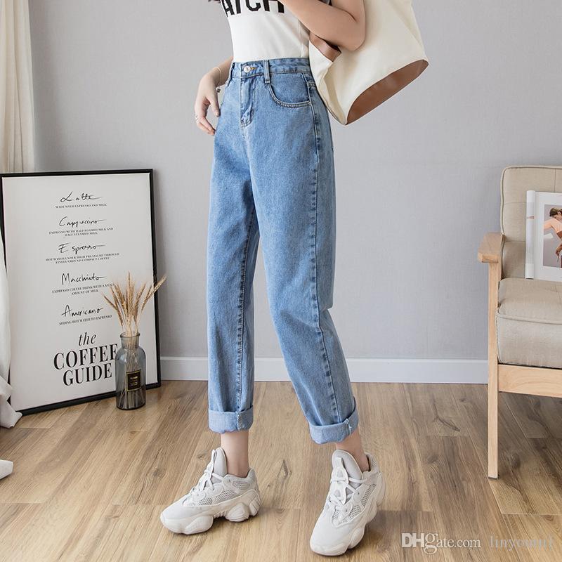 2020 Women`s Plus Size High Waist Washed Light Blue True Denim Pants Boyfriend Jean Femme For Women Jeans