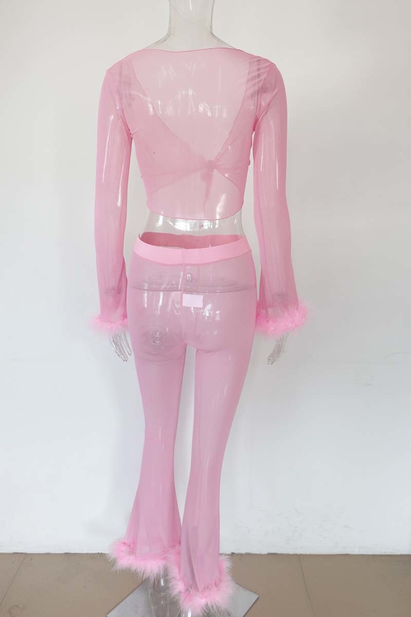 Women's 2-Piece Pink Mesh Tracksuit: Cute Faxu Fur Crop Top And Flare Pants Set For Sexy Party Outfits