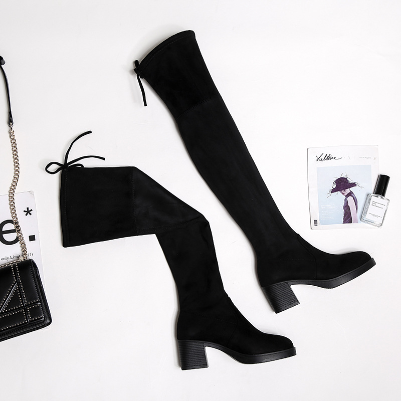 Hot Sale-2019 the new autumn and winter cashmere girl elastic high heel Korean version of thick heel than thin knee boots