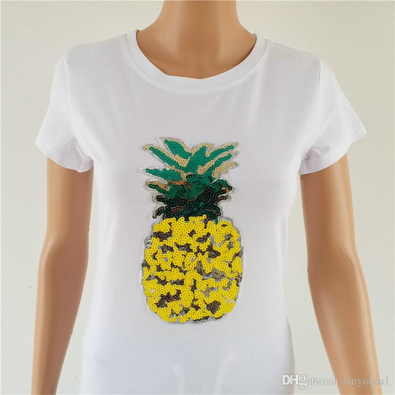 2020 new spring summer fashion new loose sexy tee women top embroidered pineapple sequins T-shirt Girl tops code