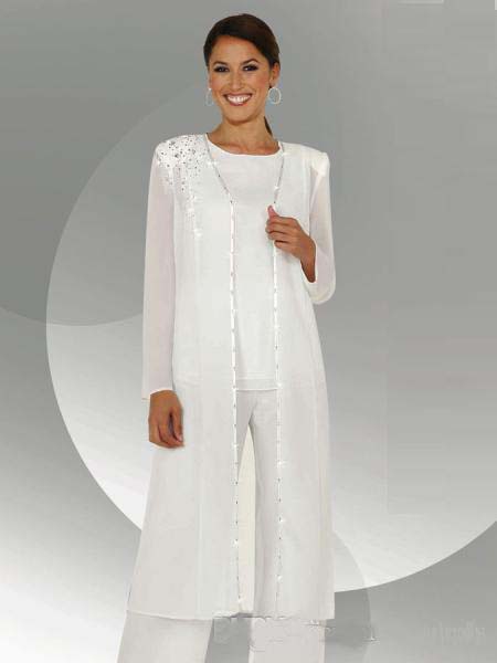White Chiffon Long Sleeves Mother of the Bride Pant Suits With Long Blouse Sequins Beaded Mother of Groom Pant Suit