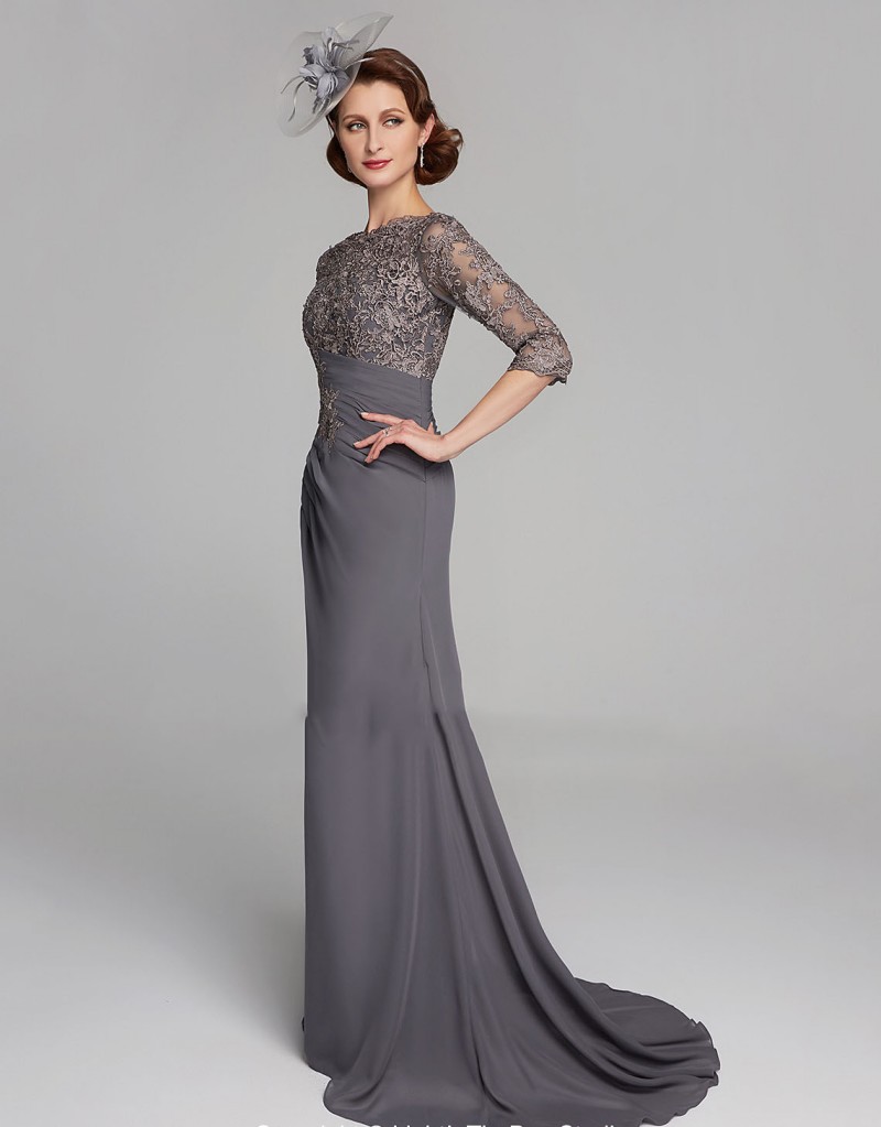 Chic Plus Size Mother Of The Bride Dresses Half Sleeves Jewel Neck Empire Waist Mother Of Groom Dress Chiffon Mermaid Evening Gowns