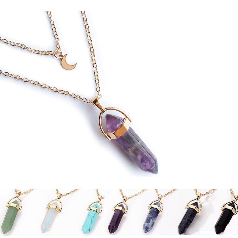 Fashion Natural stone Moon Pendant layered necklace crystal quartz Bullet Hexagonal prism Point Healing charm Gold chains For women Jewelry
