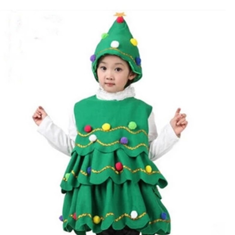 Children Christmas Tree Costume with Hat Set Tiered Wave Hem A-line Ruffle Mini Dress with Balls Teenage Kid Unisex Cosplay Outfit Plus Size