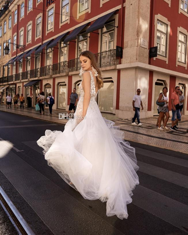 berta lace backless boho wedding dresses plunging v neck a line beach bridals gowns sweep train tulle bohemian vestidos de noiva