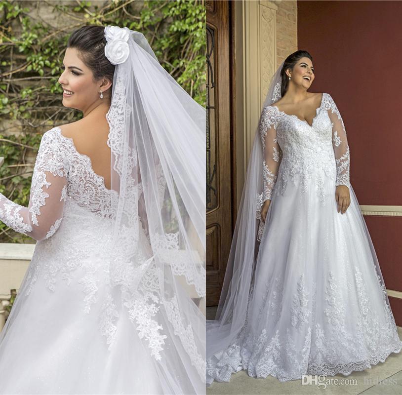 Lace Plus Size Wedding Dresses Deep V Neck Long Sleeves Bridal Gowns Backless Illusion Bodice Wedding Dress Custom