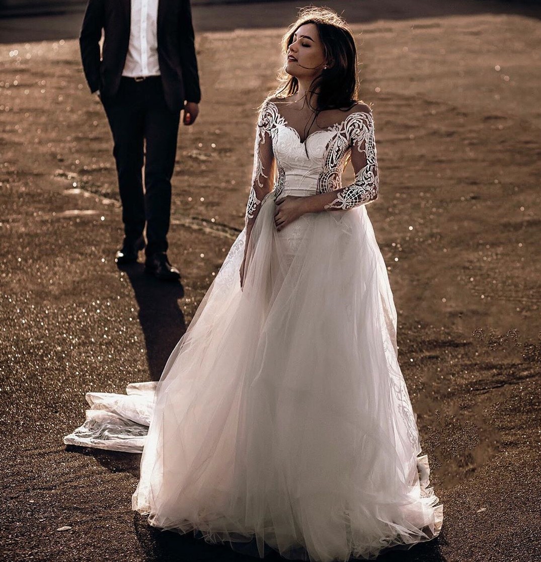 Mermaid Lace Amazing Wedding Dresses With Detachable Train Sheer Bateau Neck Long Sleeves Bridal Gowns Tulle Trumpet Robe De Marie