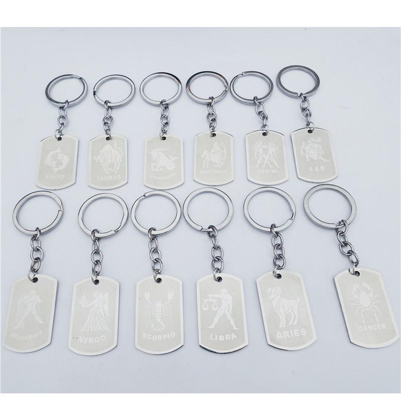 Stainless Steel Astrology Zodiac Sign Dog Tag Keychain Constellation Horoscopes Keyrings Birthday Gift Key Chain 12 Pieces/Lot Assorted