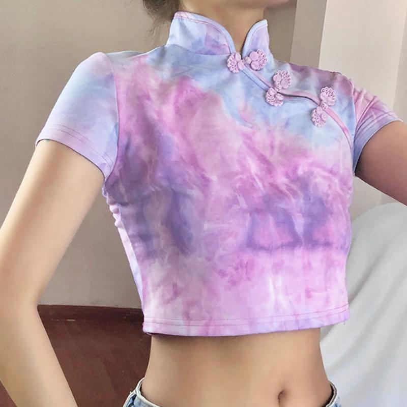 2020 Tie-dye Printing T Shirts Women Fashion Tie-dye Print Cheongsam Buttons Short Sleeve T-shirt Top Slim Short Style Shirt#35, Purple
2020 Tie-dye Printing T Shirts Women Fashion Tie-dye Print Cheongsam Buttons Short Sleeve T-shirt Top Slim Short Style Shirt#35, Purple