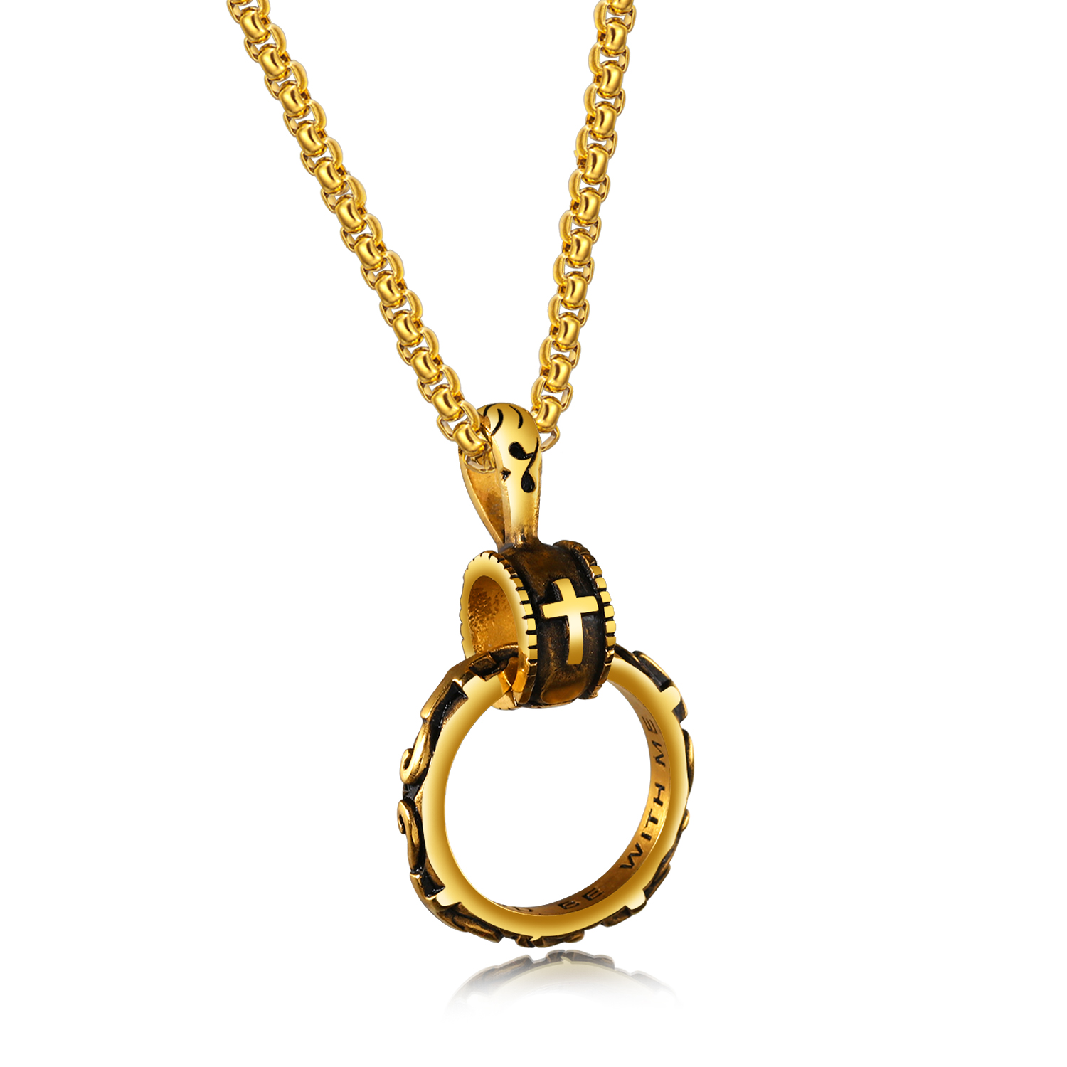 Creative Hip Hop Longevity Circle Cross Pattern Pendants Necklace Jewelry Stainless Steel Religious Jewelry Gift