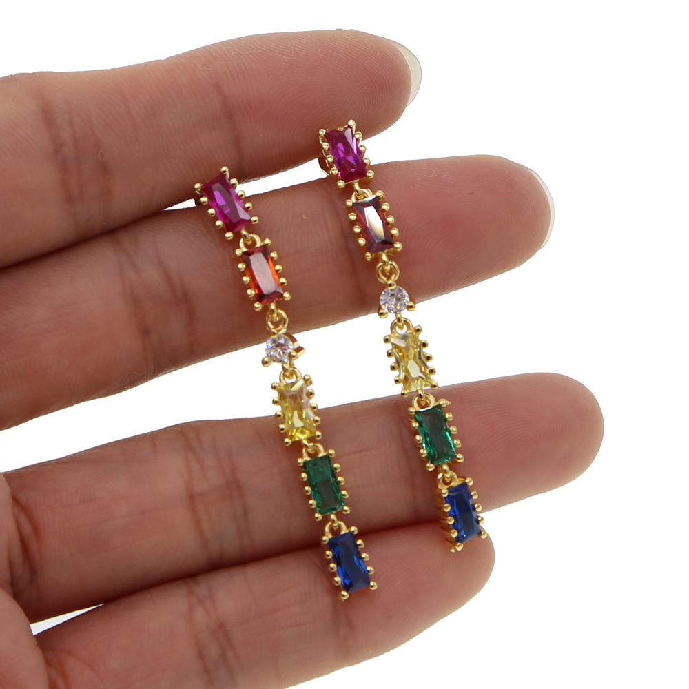 long tassel drop earring rainbow baguette cz link chain geometric fashion gorgeous women jewelry