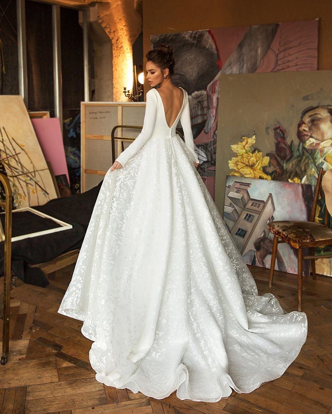 Long Fashion Sleeves Backless Wedding Dresses Deep V Neck A E Lace Bridal Gowns Sweep Train Robe De Mari E