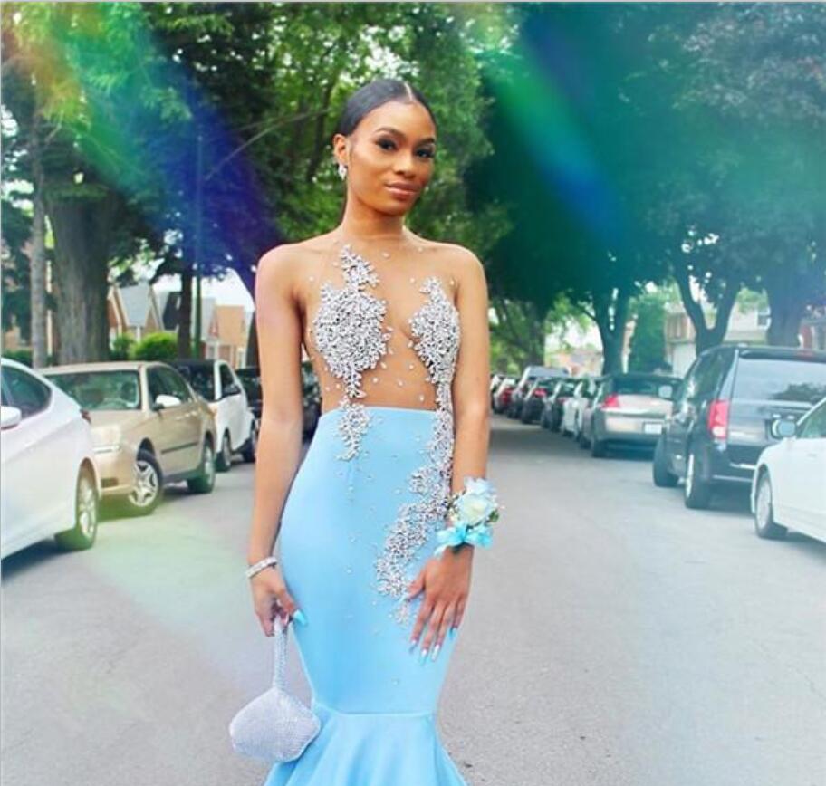 Sexy See Through Mermaid Prom Dresses For Black Girls Appliques Beads Sheer Top Sky Blue Long Evening Gowns Plus Size Women Dress