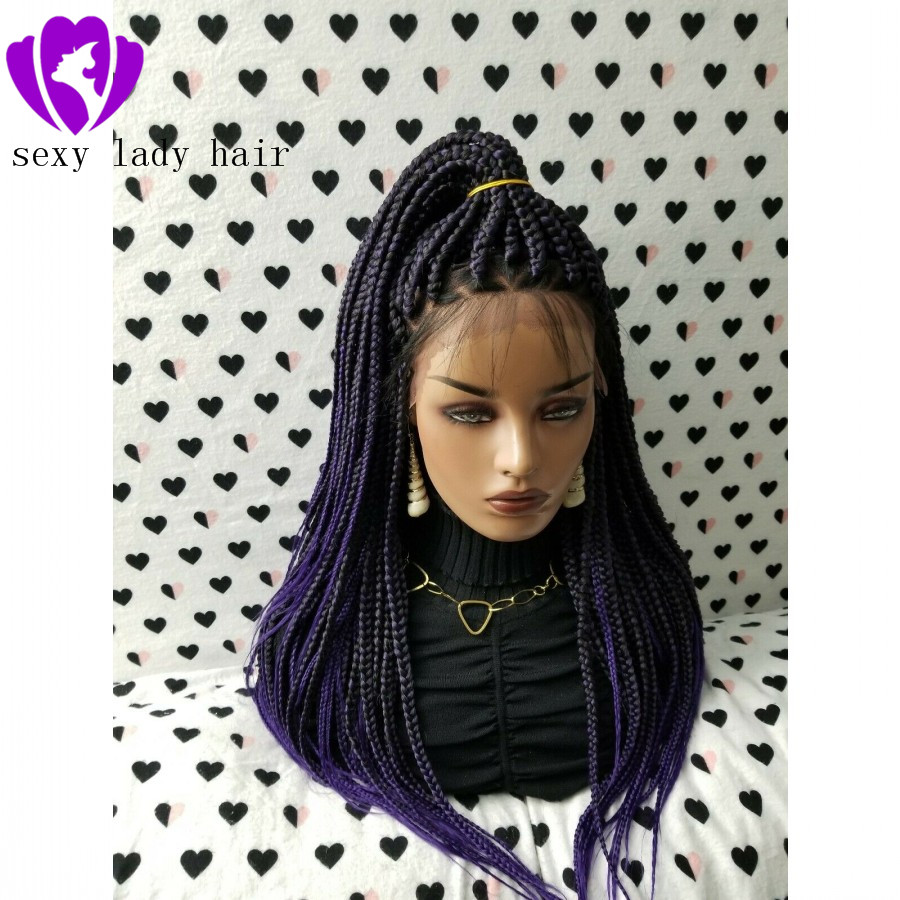 Natural Box Braided Wigs with Baby Hair Dark Roots Ombre purple Hand Tied Heat Resistant Synthetic Braided Lace Front Wigs for Women