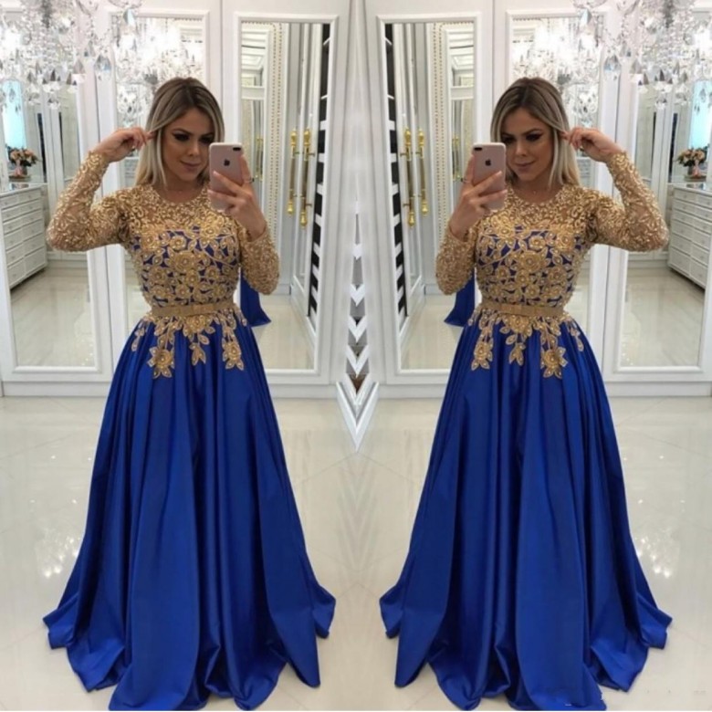 Sexy Royal Blue Evening Dresses Lace Beads Caftan Formal Prom Gowns Illusion Long Sleeves Sequins Satin Pageant Dress Evening Wear