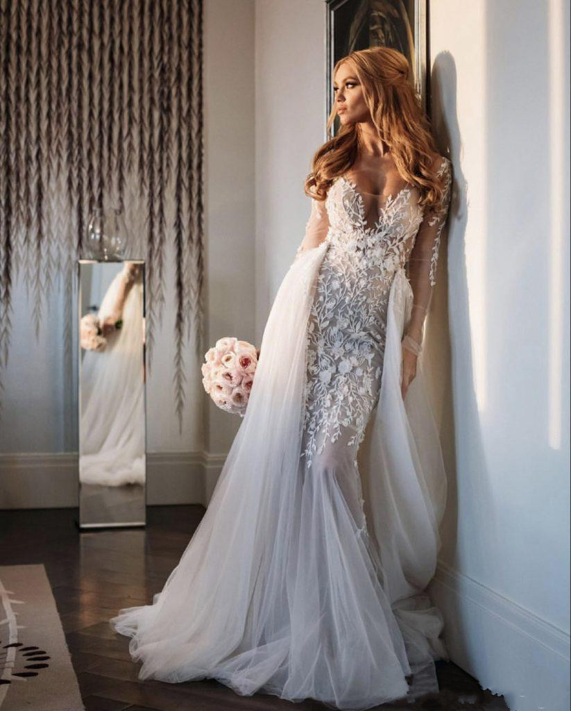 Blake Lively Mermaid Wedding Dresses with Detachable Train Sheer Long Sleeve Berta wers Lace Tulle Sexy Backless Beach Bridal Gowns