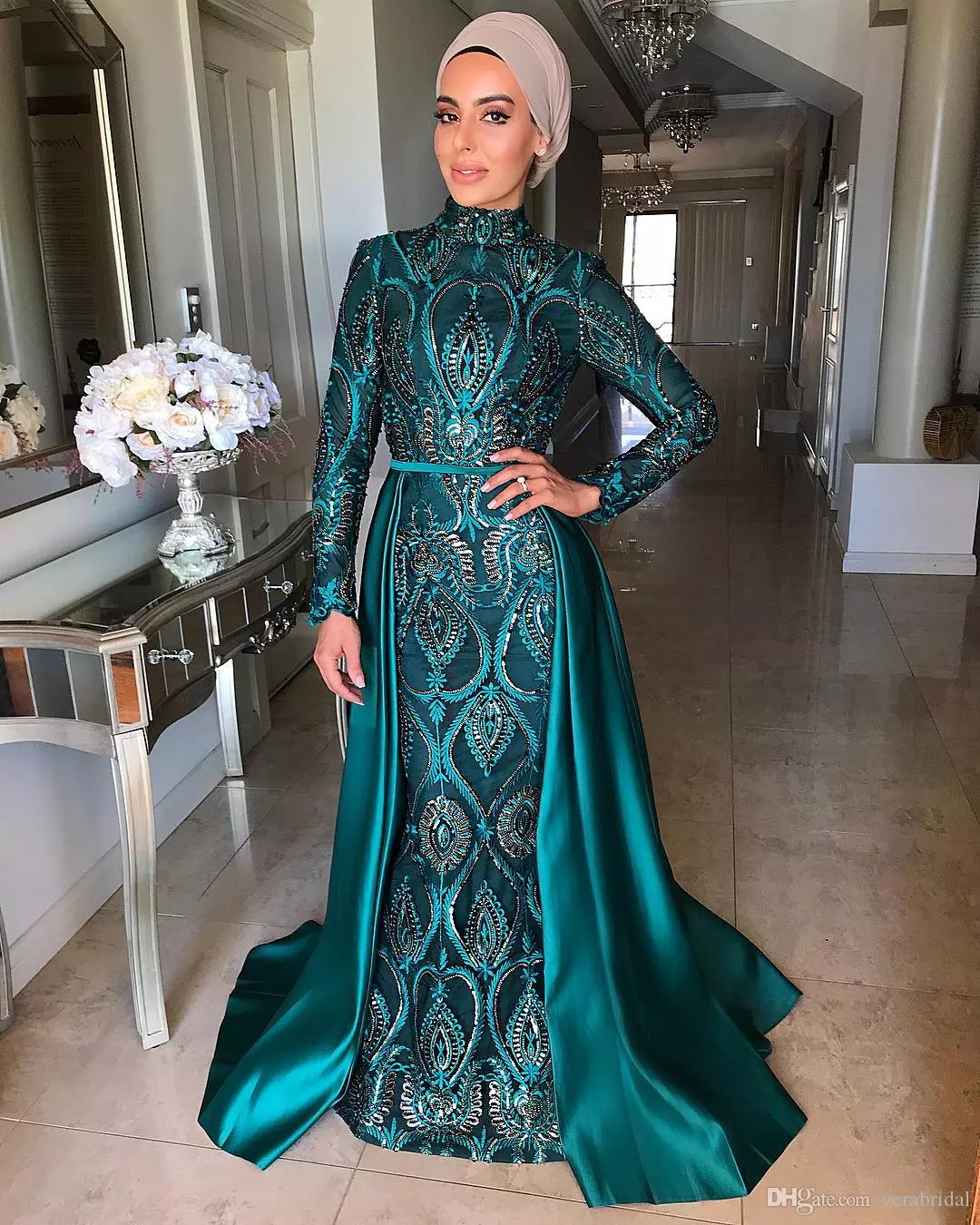 Muslim Evening Dresses With Detachable Skirt High Neck Lace Appliques Beaded Satin Sweep Train Long Sleeve Formal Occasion Gowns Prom Dress