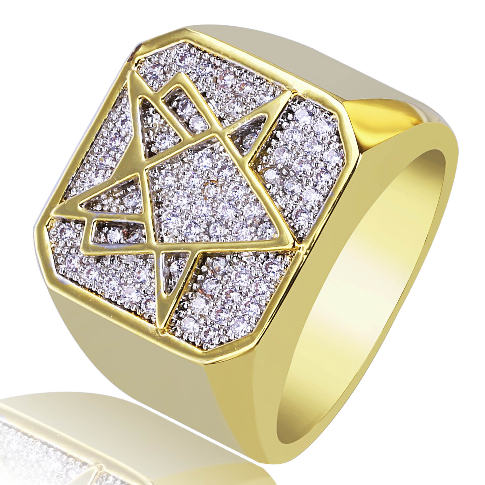 18K Gold Bling White CZ Cubic Zirconia Vintage Geometric Ring Hip Hop Fing Rings Diamond Jewelry Gifts For Men 18mm Size 7-11 Wholesale