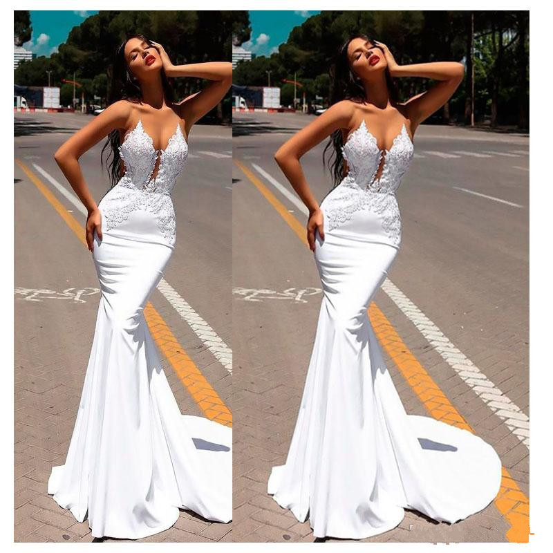 white mermaid new evening dresses sheer neck lace appliques with beading sequined abendkleider prom gowns sweep train red carpet dress