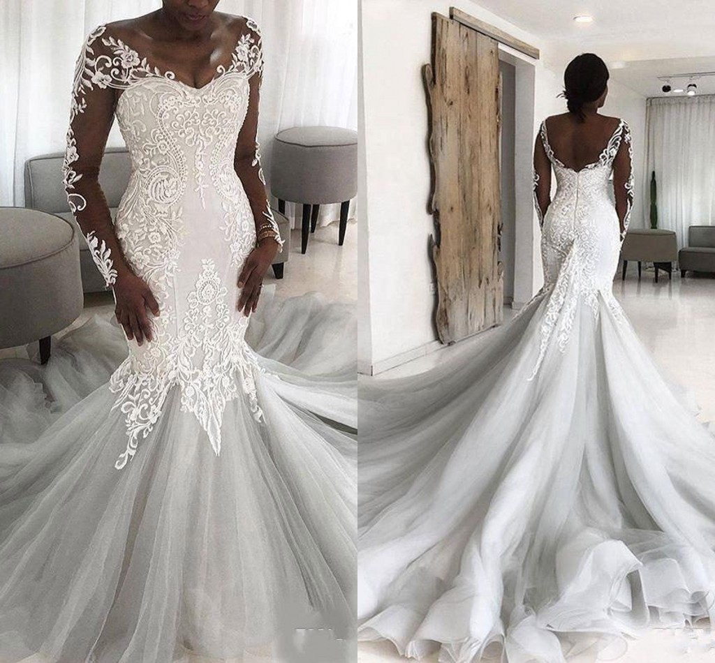 2020 African Lace Mermaid Wedding Dresses Plus Size Sheer Long Sleeves Bridal Gowns Court Train Backless Vestidos De Novia, Silver
2020 African Lace Mermaid Wedding Dresses Plus Size Sheer Long Sleeves Bridal Gowns Court Train Backless Vestidos De Novia, Silver