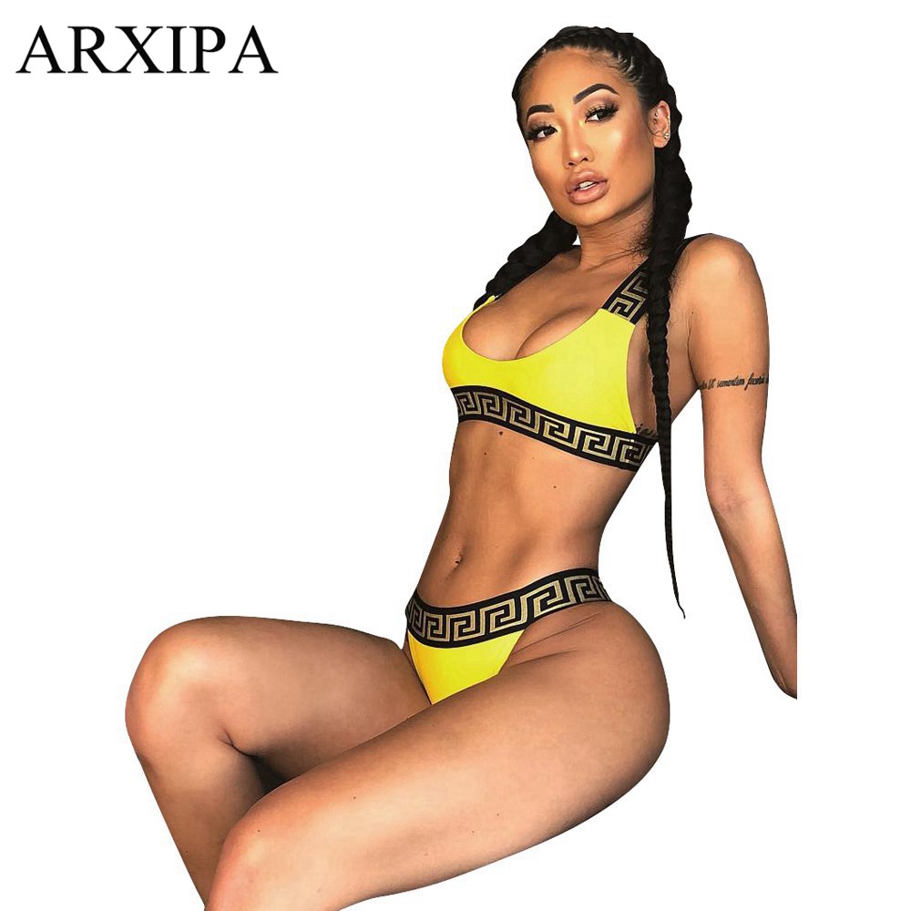 ARXIPA Sexy Bikini Sets For Women Bandage Swimsuit Crop Top Swimwear Thong Bathing Suit High Cut Beachwear Solid Print New Bather High-Cut Crop Top & 