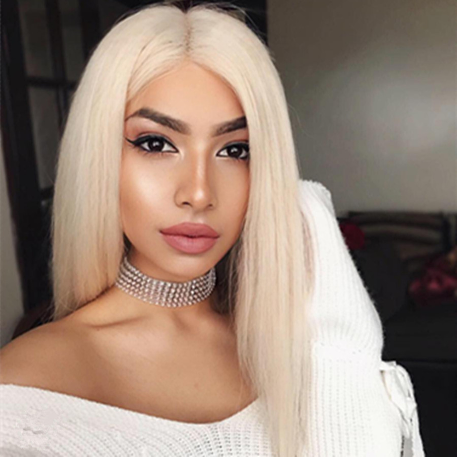 High quality simulation human hair Full Long Blonde Wigs For Women kanekalon straight Synthetic Lace Front Wig preplucked natural hairline