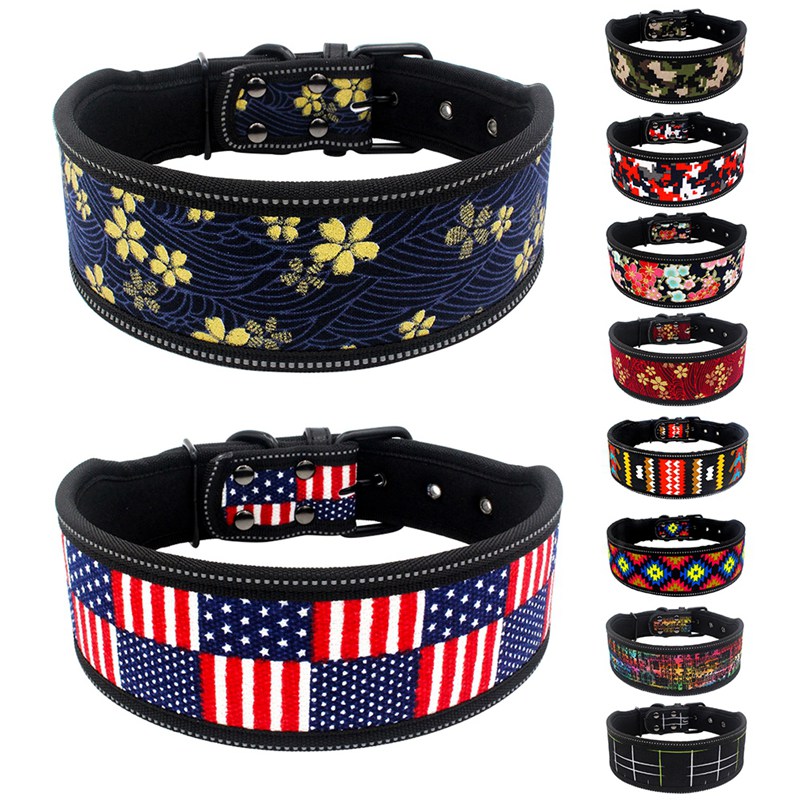 Reflective Nylon Dog Collar Fashion Printed Adjustable Pet Collars For Medium Large Dogs Pitbull S M L