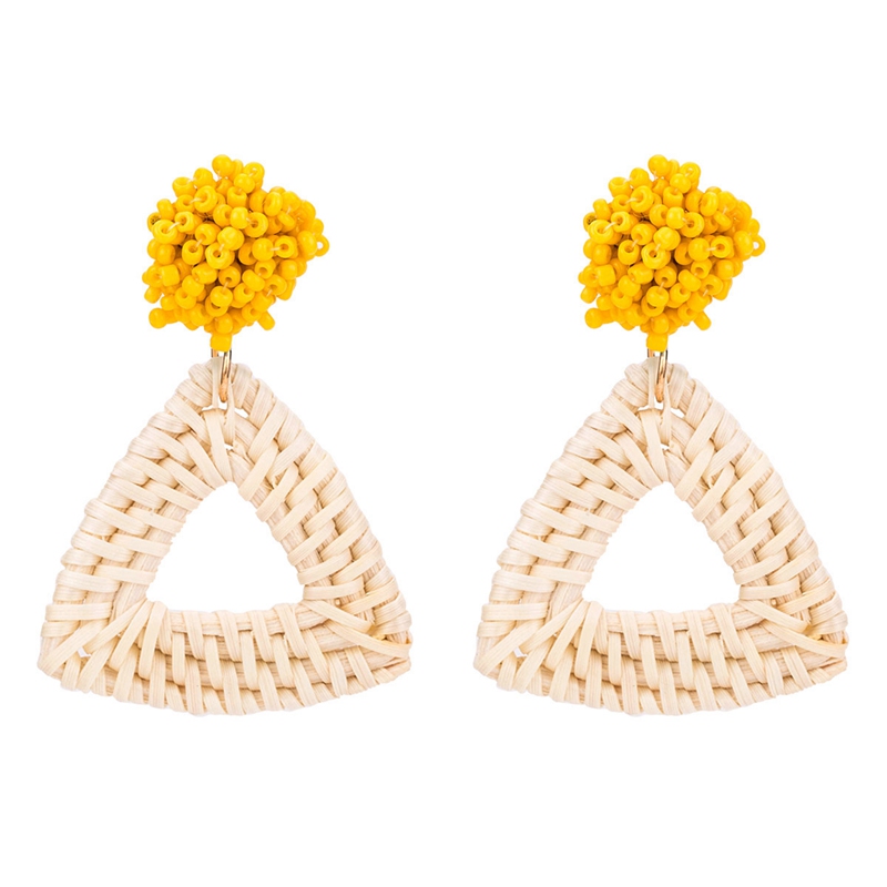 Handmade rattan woven square wool ball women's ladies earrings geometric metal plated earrings vintage jewelry jewelry