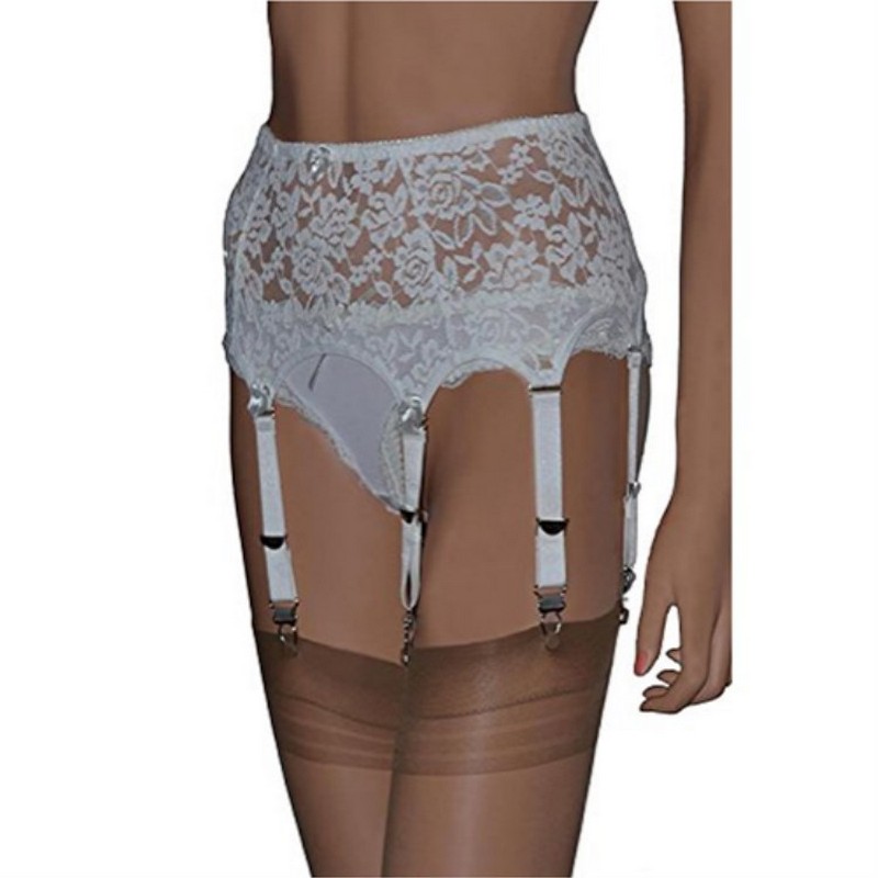 Sexy Women White Bridal Lingerie Suspender Elastic Garter Belt 6-Metal Buckles Straps Lace and Mesh Garter Belt with Satin Bows No stocking