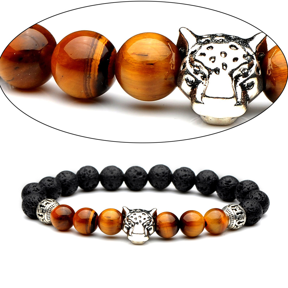 Men's Natural Black Lava Rock Beads Leopard Head Beads Charm Bracelet 8mm