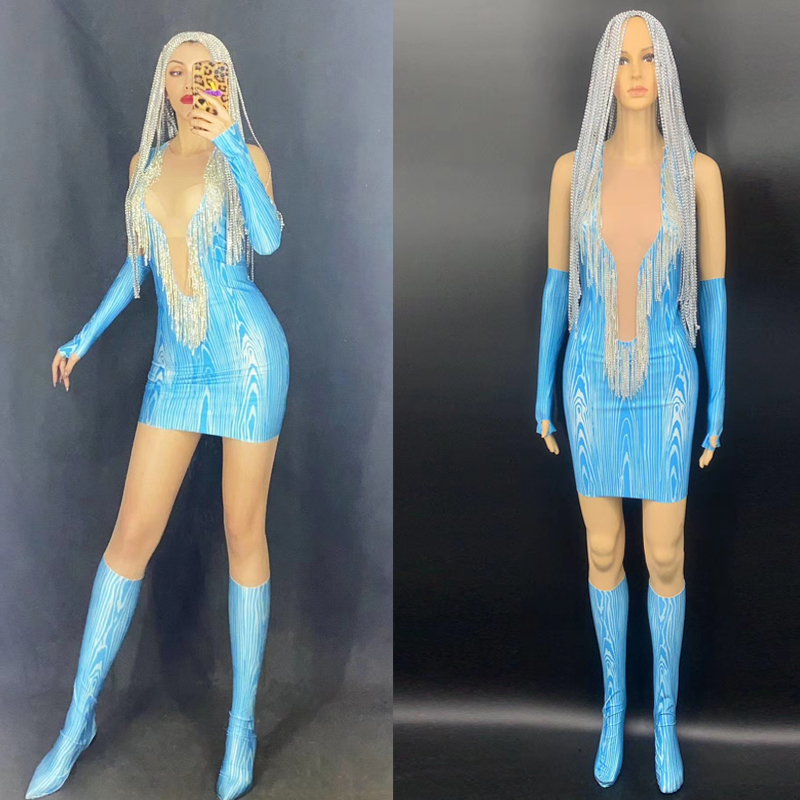 Silver Rhinestone Fringe Blue Short Dress Women Dance Costumes Gloves Transparent Bar Nightclub Birthday Celebrate Dress DQS4596, Wig
Silver Rhinestone Fringe Blue Short Dress Women Dance Costumes Gloves Transparent Bar Nightclub Birthday Celebrate Dress DQS4596, Wig