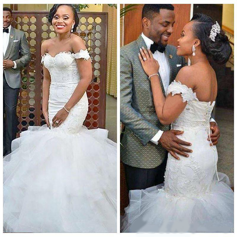 Chic Organza Short Sleeve Off The Shoulder Wedding Dresses Tiered Skirt Trumpet Mermaid Wedding Dress Appliques Vintage Wedding Gown