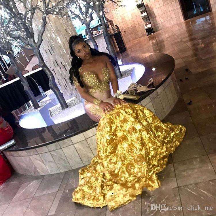 Gorgeous Long Sleeves Evening Dresses One Shoulder Gold Lace Appliques Mermaid Prom Dress With Flower Bottom Long Party Gowns African Wear