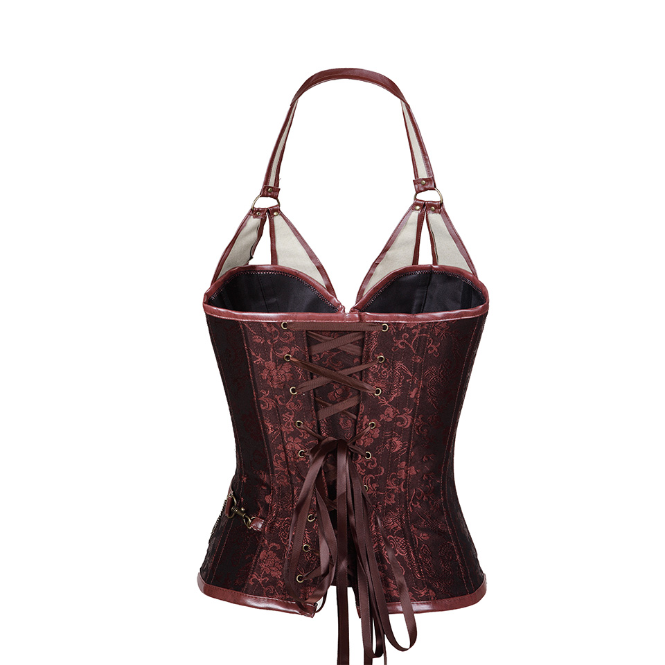 Zipper Brocade Steampunk Corset Halterneck Retro Bustiers Corsets Plus Size S-6XL Women's Clubwear Sexy Lingerie Corset Top with Chains
