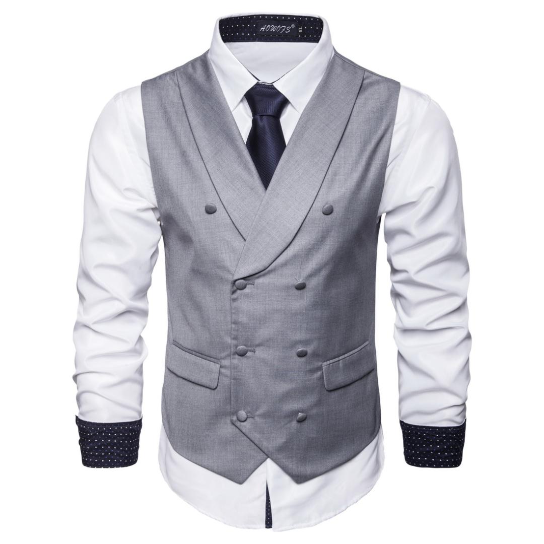 OSCN7 Shawl Lapel Slim Fit Suit Vest Mens 2019 New Business Casual Plain Double-breasted Flip Pocket Waistcoat Men MJ003