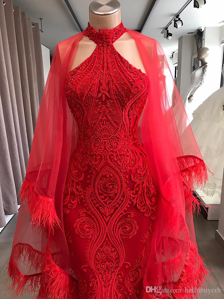 Red Mermaid Evening Dresses with Wrap Lace Appliqued Beads High Neck Luxury Feather Floor Length Sexy Prom Dress Hollow Back Party Dress