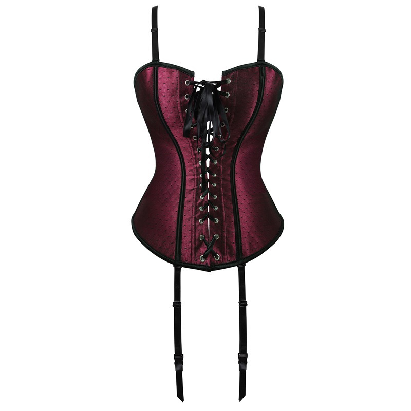 Gartered Polka Dots Halter Bustier Women Black Ribbed Front Lace-up Body Modeling Strap Corset Plus Size S-6XL Sexy Clubwear with Padded Cup