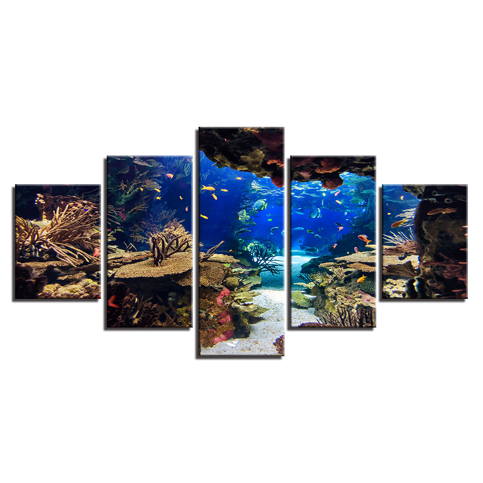 Canvas Wall Art Pictures Home Decor Room 5 Pieces Underwater Sea Fish Coral Reefs Paintings HD Prints Seascape Posters(No Frame)