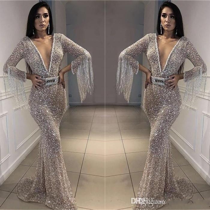 Sparkly Sequins Mermaid Evening Dresses 2019 Sexy Tassels Peals Party Cocktail Gown Sexy Formal Pageant Prom Dresses Custom Made