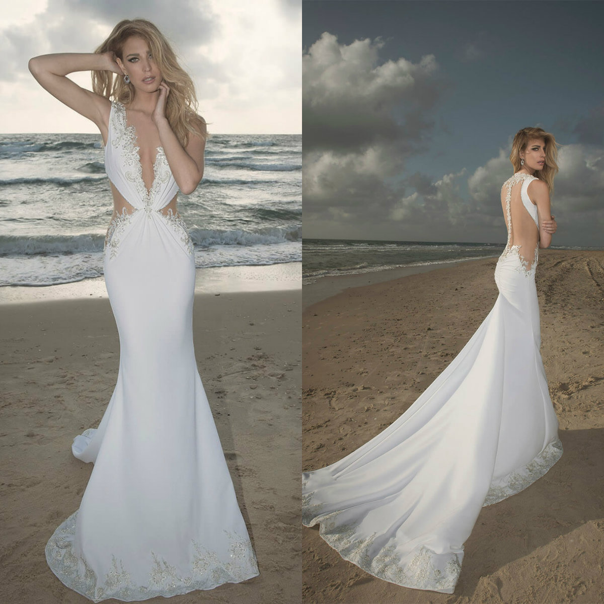 Dany Mizrachi Sexy Mermaid Wedding Dresses Deep V Neck Lace Appliques Sequined Satin Bridal Gowns Summer Beach Robes De Mariée Custom Made