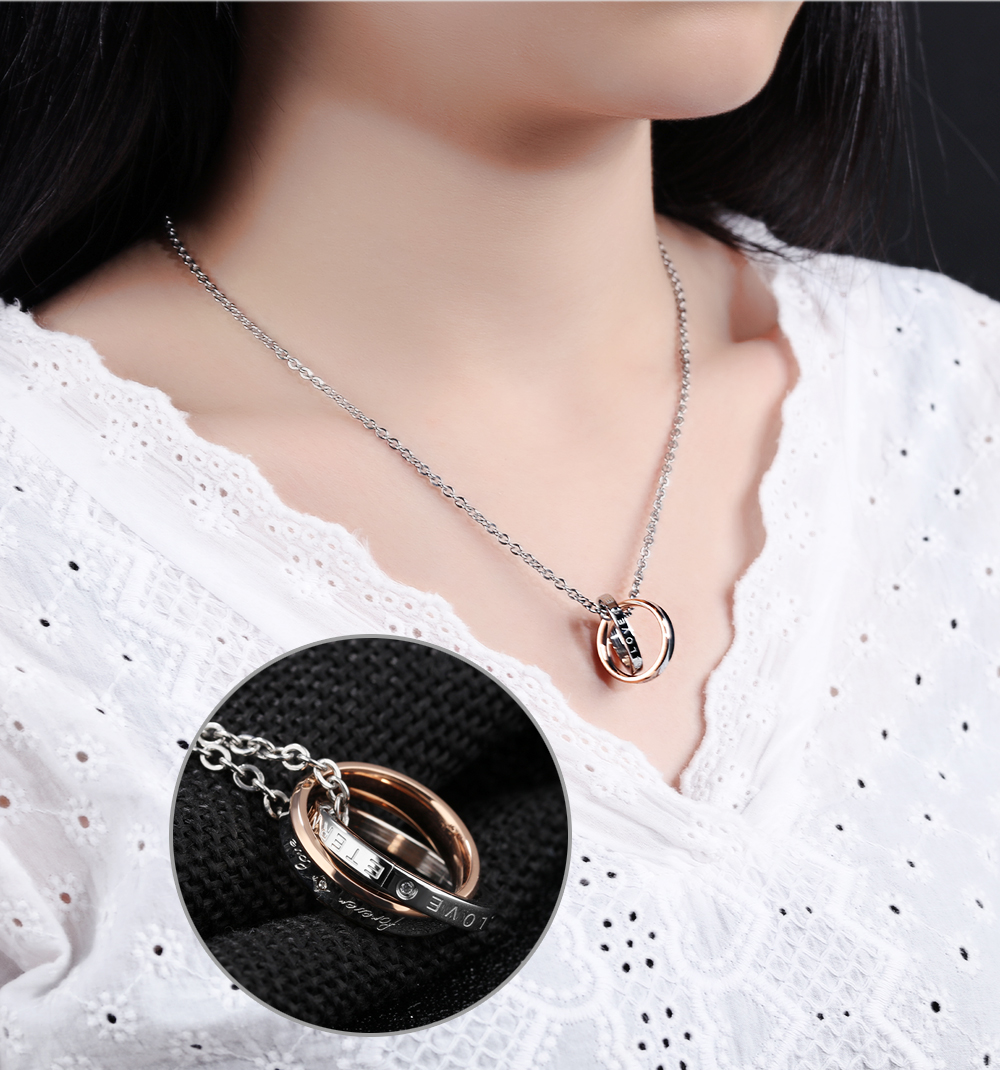 Couple Necklace FOREVER LOVE Lettering Name Double Circle Stainless Steel Pendant Necklaces For Lovers Valentine's Day Gift