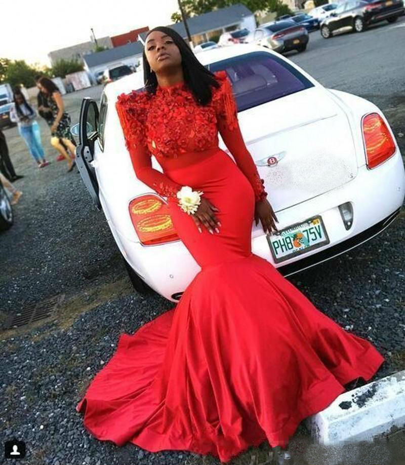 2019 Red Mermaid Prom Dresses Plus Size African Long Sleeve 3D Floral Appliques Evening Gowns Luxury Sweep Train Cocktail Party Dresses