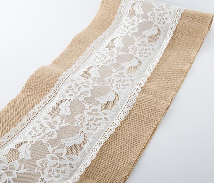 Linen Lace Table Runner Vintage Burlap Cloths Natural Jute Country for Party Wedding Decoration