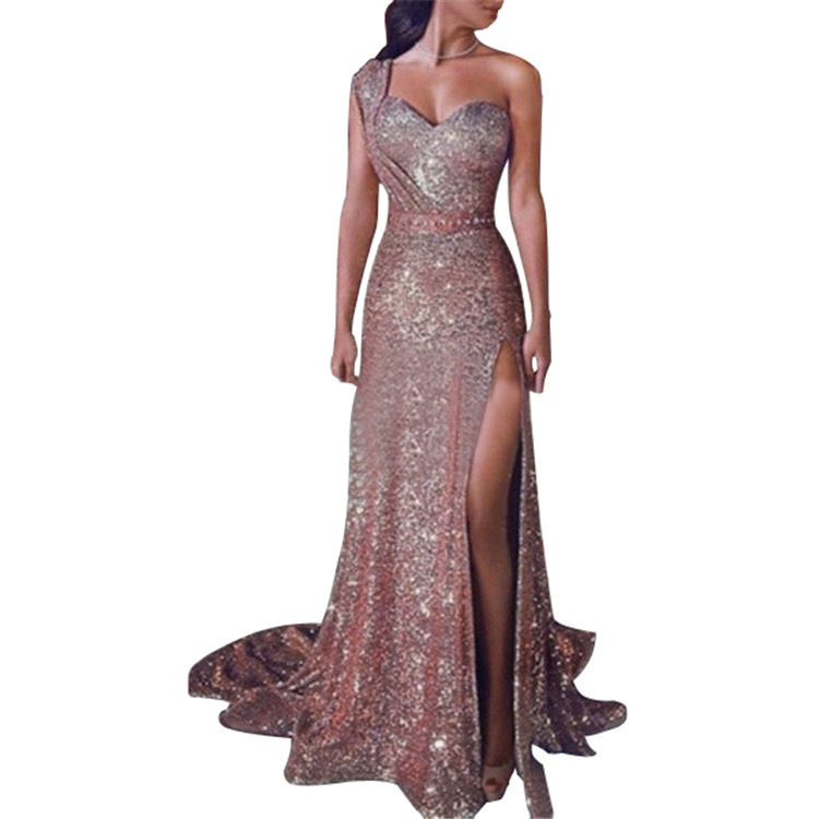 2020 blingbling Long Gold Evening Reflective Dresses One Shoulder Sequined Plus Size Prom Gowns Party Dress Robes De Soirée Abendkleider