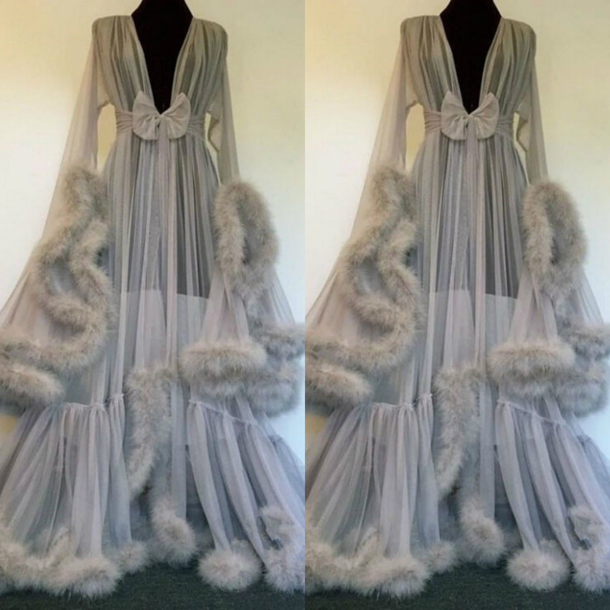 Women's Medieval Tulle Feather Evening Robe Long V Neck Bathrobe Sleepware Aline Nightgowns Bridal Robe Long Boudoir Dress