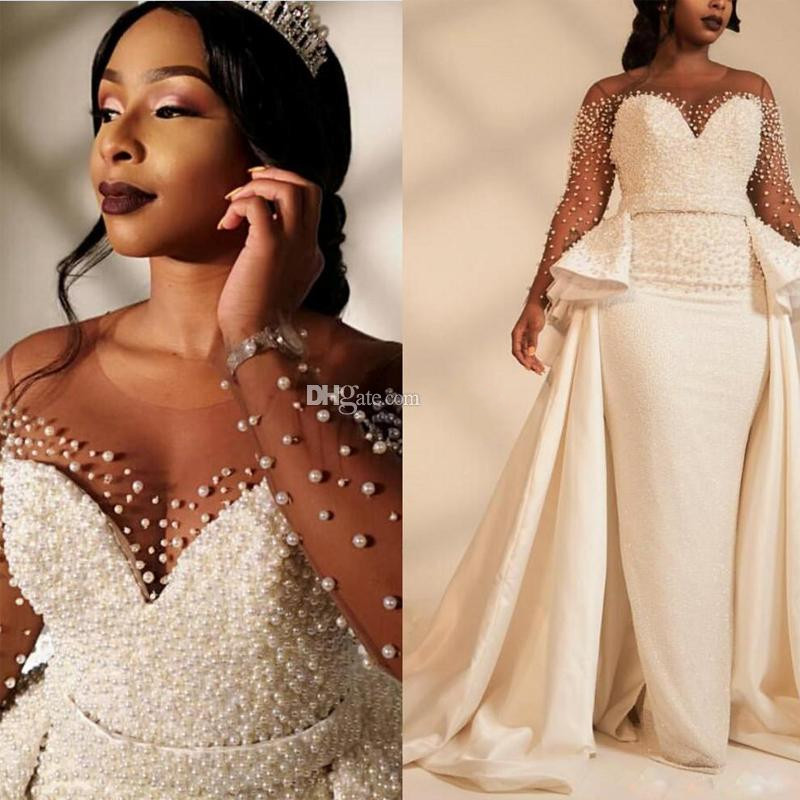 african mermaid wedding dresses with detachable train jewel neck long sleeve robe de mariage garden church chic bridal gowns