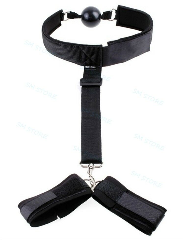 Bondage Wrist to Collar Handcuffs Ankle Cuffs Mouth Gag Neck Restraint Straps chain new #R56