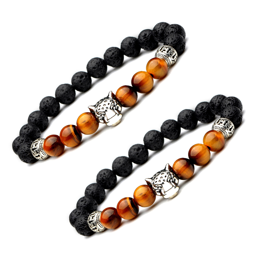 Men's Natural Black Lava Rock Beads Leopard Head Beads Charm Bracelet 8mm