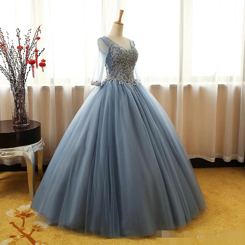 Dusty Blue Quinceanera Dresses 2020 3/4 Long Sleeves Illusion Tulle Sheer V Neck Gold Applique Beaded Sweet 16 Prom Ball Gown Custom Made