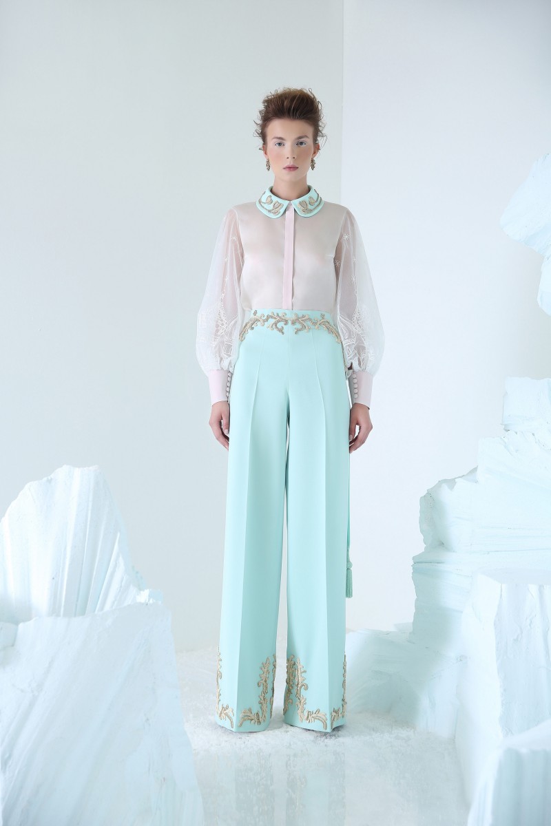 Azzi Osta 2019 Jumpsuits Prom Dresses High Neck Long Sleeve Lace Appliqued Celebrity Party Gowns Dubai Floor Length Satin Evening Dress